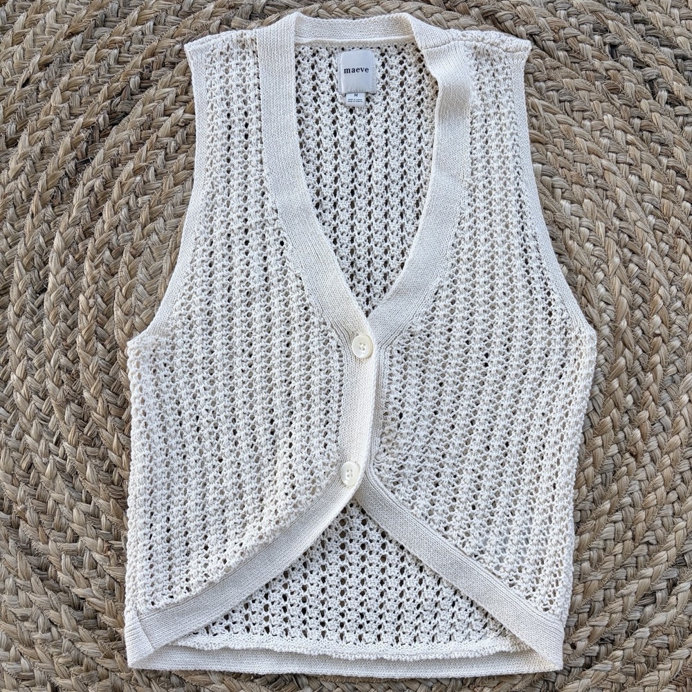 Anthropologie Maeve‎ V-Neck Open-Stitch Sweater Vest Medium Boho Cottage Coastal